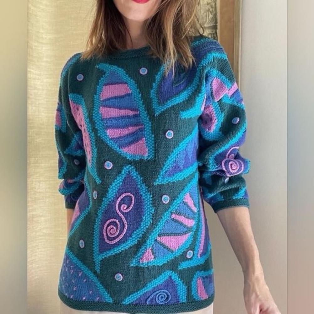 Vintage 80’s Hand Knit Sweater Abstract Small